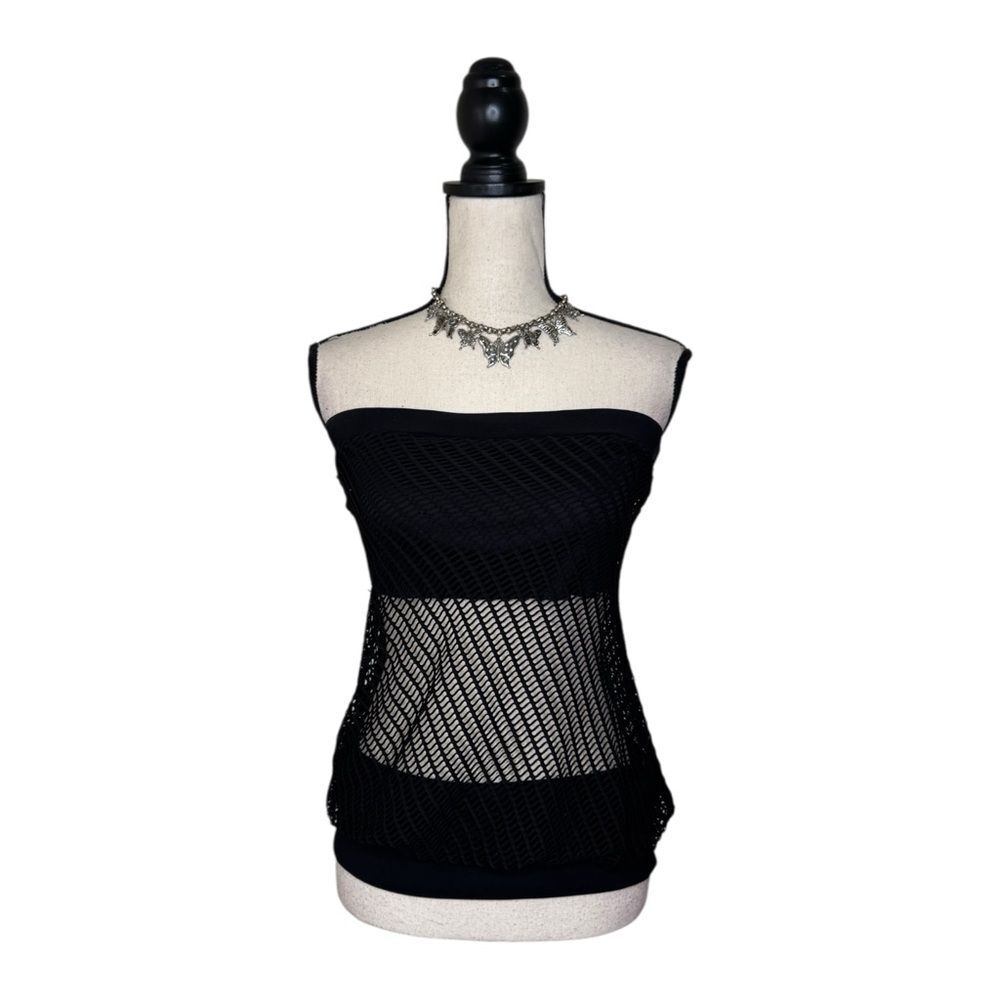 Y2K Bluoi Black Fishnet Strapless Sheer Bubble Tube Top Size Large